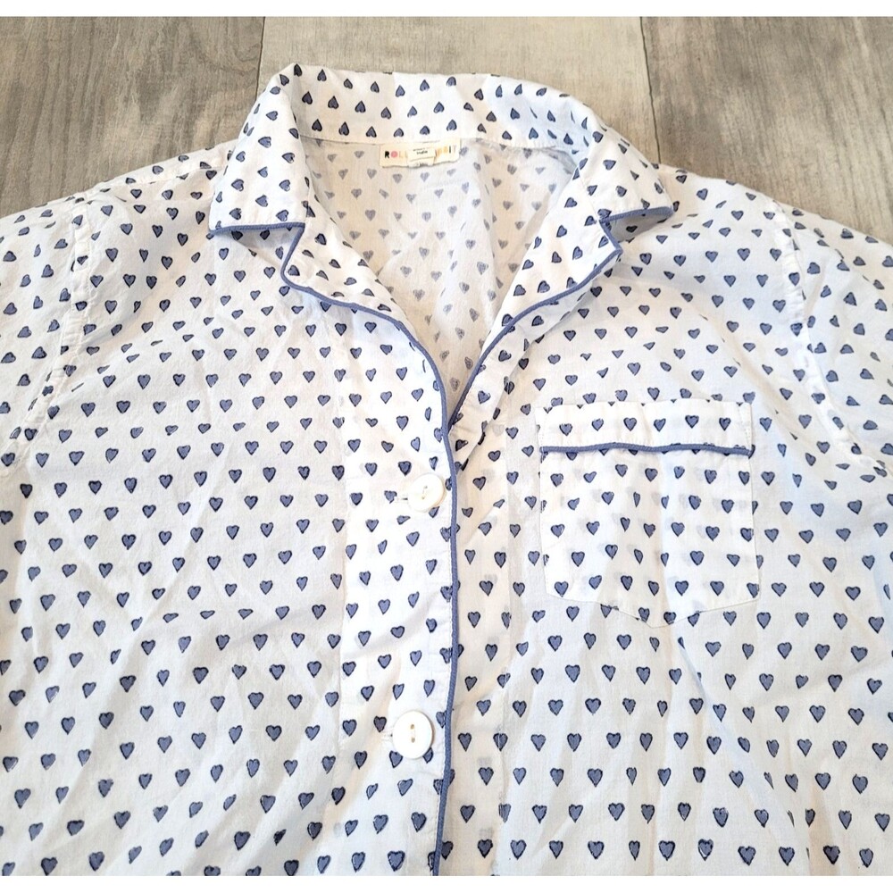 Roller Rabbit Blue Heart Print Pajama Top Sz S Long Sleeve Pockets Button Front - Picture 2 of 7